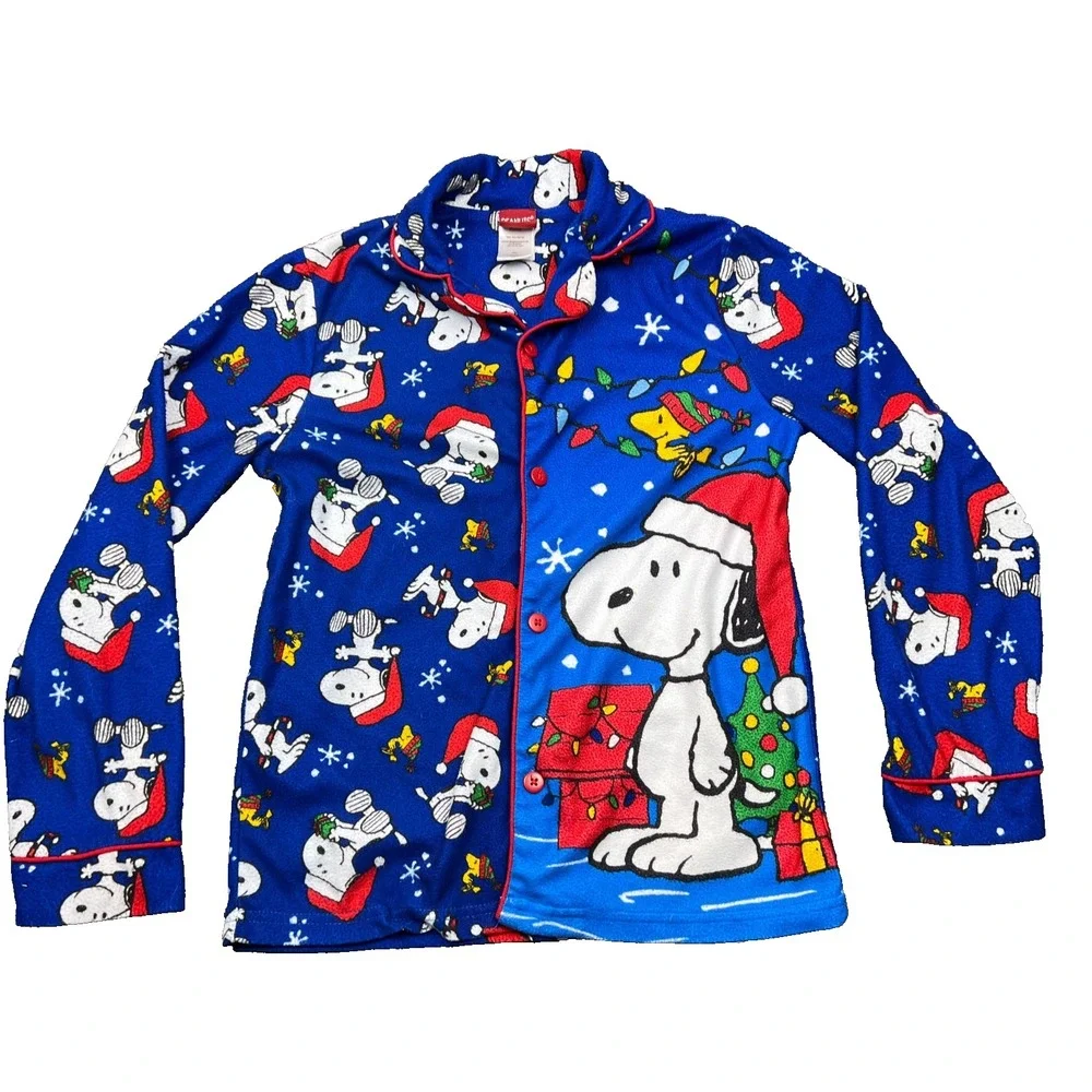 Peanuts Snoopy Woodstock Christmas Pajama Top Kids Medium Button Up Sleep Shirt